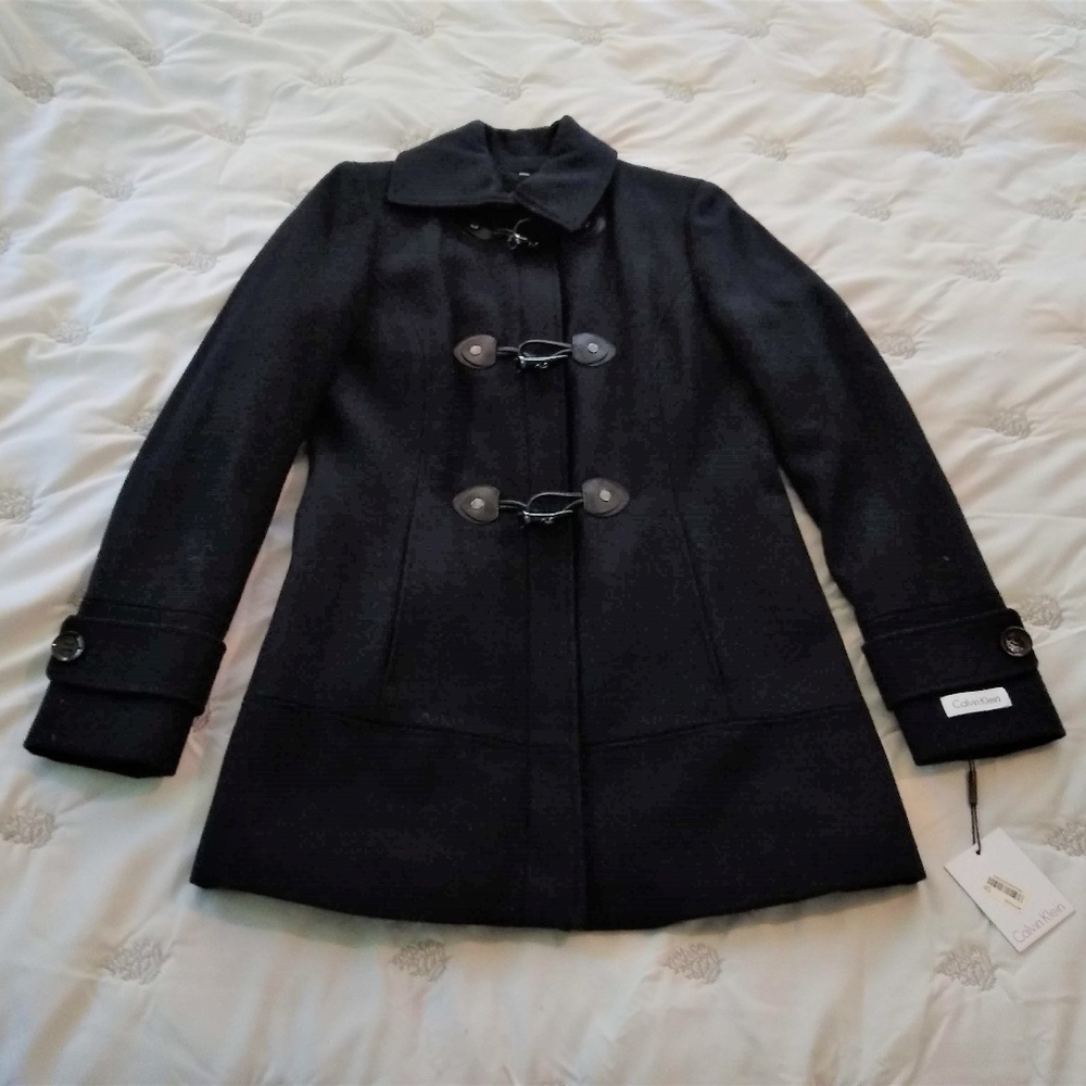 LIKE NEW Calvin Klein Navy Toggle Wool Blend Coat Sz 2